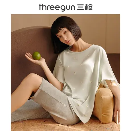 三枪可爱落肩荷叶边家居服女春夏纯棉宽松短袖中裤女士睡衣套装图片