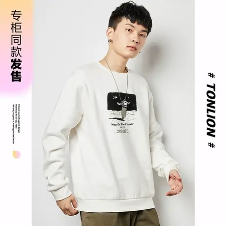 [商场同款]唐狮春秋季男卫衣潮酷简约前胸大图圆领卫衣日式通勤图片