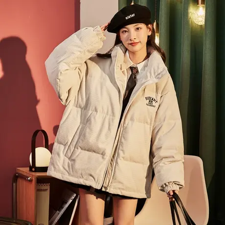 唐狮冬季小方格灯芯绒立领短款面包羽绒服女装外套加厚宽松保暖潮商品大图