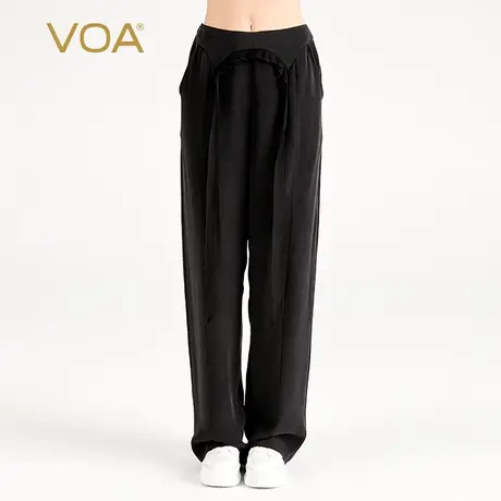 VOA30姆米重磅桑蚕丝黑色自然腰木耳边飘带口袋简约真丝直筒裤图片