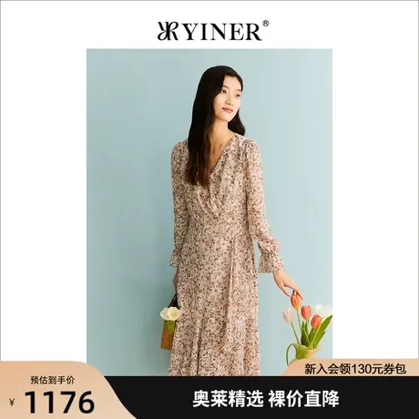YINER音儿女装2023秋季新款浪漫印花V领花苞袖连衣裙图片