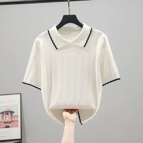 2023夏季新款韩版宽松短袖t恤女针织衫上衣小方领纯色毛衣体恤衫商品大图