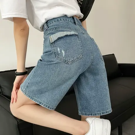 破洞牛仔短裤女夏季薄款高腰直筒宽松五分裤宽松显瘦阔腿5分中裤商品大图