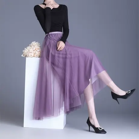 黑色网纱半身裙女2023春季新款高腰显瘦中长百褶a字裙大摆纱裙子图片