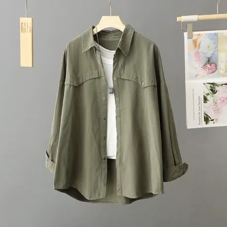 秋冬中长款工装衬衫外套女春秋韩版宽松休闲百搭欧货大码女装衬衣图片
