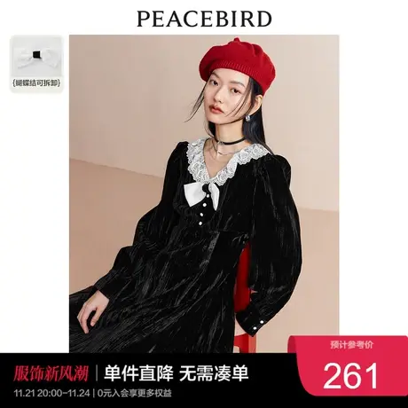 太平鸟短款丝绒连衣裙秋冬新款法式蝴蝶结心机气质黑色连衣裙奥莱图片