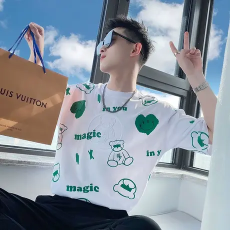 夏季男打底衫t恤短袖潮流半袖花色满印个性休闲网红潮牌情侣体恤商品大图