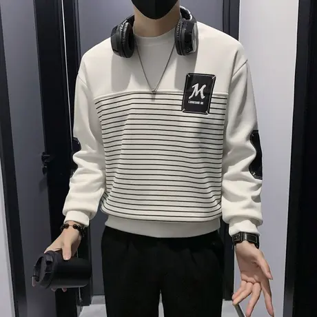 条纹卫衣男冬季2023新款小众拼接设计感潮牌加绒加厚冬款内搭t恤商品大图