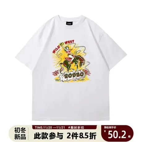 潮流美式高街t恤短袖情侣装撞色洋气西部牛仔女郎百搭宽松体恤夏商品大图