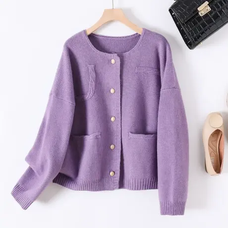 2023春季新品韩版宽松圆领纯色长袖针织衫毛衣外套女上衣百搭开衫商品大图