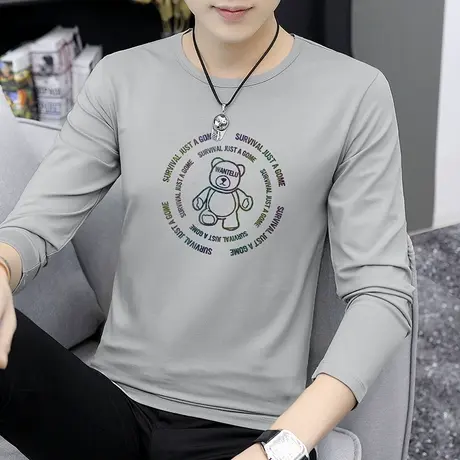莫代尔小熊t恤男长袖圆领上衣服潮流修身秋季印花内搭打底衫体恤商品大图