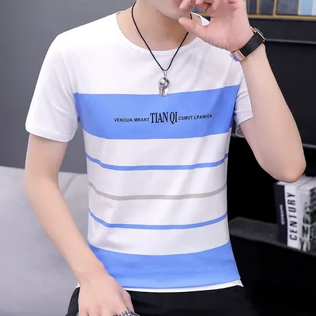 短袖T恤男圆领修身条纹打底衫T桖丅衣服夏季男装韩版棉感休闲半袖商品大图