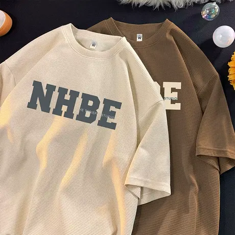 vintage华夫格短袖T恤男夏季2024新款潮牌ins体恤情侣半袖打底衫t商品大图