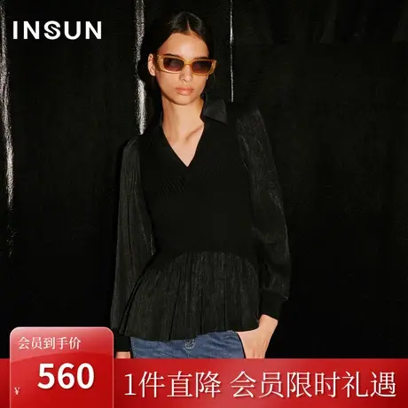 恩裳COVER2023秋季新款假两件杨柳丝拼接羊毛混纺针织收腰a摆上衣图片