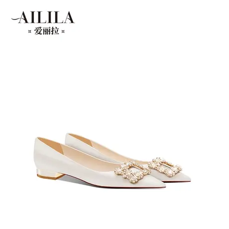 爱丽拉水晶平底婚鞋女2025新款春季法式主婚纱绸缎新娘白色不累脚商品大图