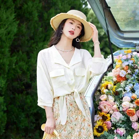 时尚翻领短袖衬衫2023年夏季新款淑女温柔简约百搭宽松显瘦上衣商品大图