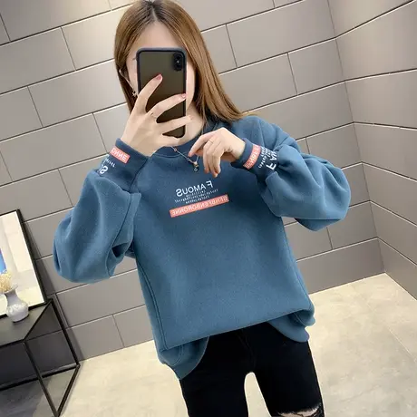 圆领加绒卫衣女蓝色冬加厚宽松秋冬2022年新款时尚外套上衣ins潮图片