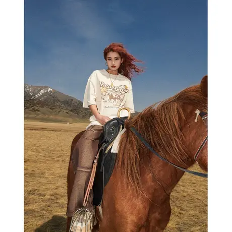 YEP美式复古短袖t恤女夏装2024新款宽松oversize中长款情侣装上衣图片