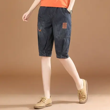 韩潮袭人松紧腰刺绣五分牛仔裤女2024夏季新款宽松哈伦中裤短裤薄商品大图