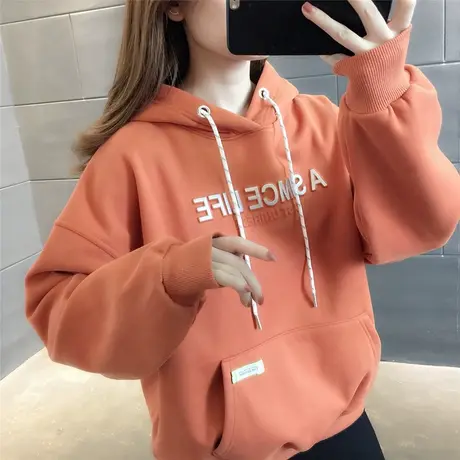 连帽卫衣加绒加厚2023年秋冬季新款宽松字母简约洋气韩版设计感女商品大图