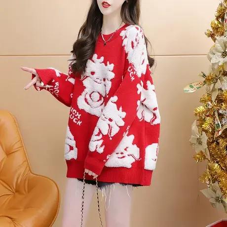 红色圣诞毛衣女2024新款春季爆款时尚洋气减龄宽松慵懒风百搭上衣图片