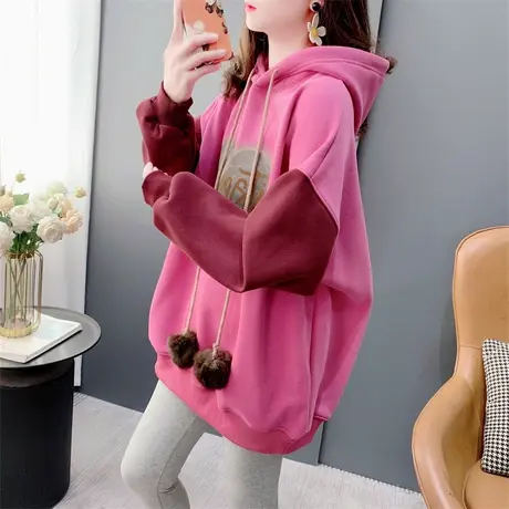 高级感拼色加绒加厚连帽卫衣女秋冬2023年新款宽松洋气超好看上衣商品大图