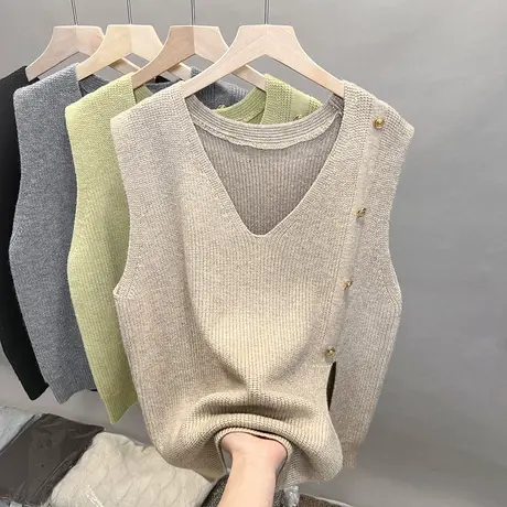 针织马甲背心女士纯色V领套头2023年春季新款坎肩外搭无袖毛衣女商品大图