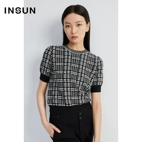 恩裳奥莱春季秋季黑白格纹芝麻点提花轻盈百搭针织衫商品大图