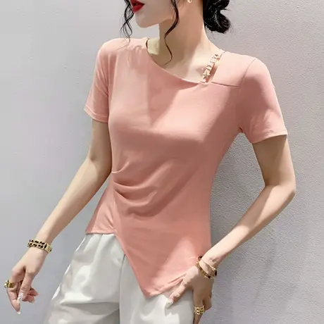 欧货女装设计感斜领T恤女不规则开叉短袖ins百搭小衫洋气修身上衣商品大图