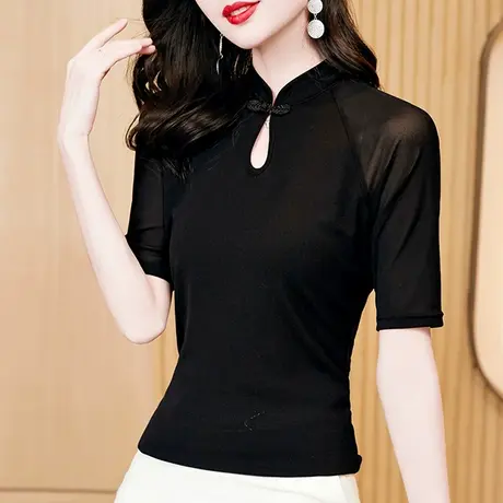 复古中式网纱五分袖T恤女士夏装新款设计感小众盘扣上衣百搭小衫图片