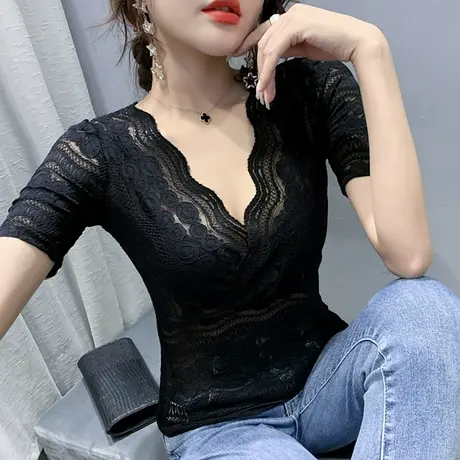 性感镂空V领蕾丝衫女夏装洋气低领上衣修身显瘦小衫网纱T恤女短袖商品大图
