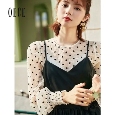 oece春秋新款女装温柔复古波点优雅气质圆领长袖衬衫商品大图