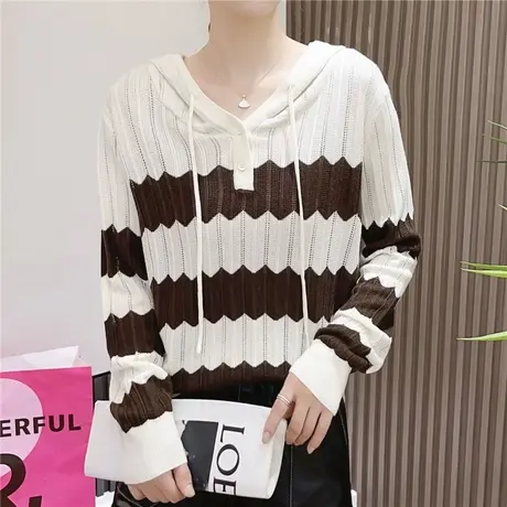 2023秋装新款卫衣连帽针织衫条纹薄款休闲时尚毛衣上衣女装外套图片