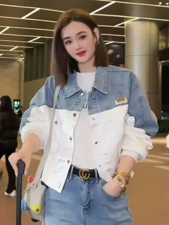 欧美风Chic拼接牛仔短款外套女春秋2023设计感字母撞色上衣开衫潮商品大图