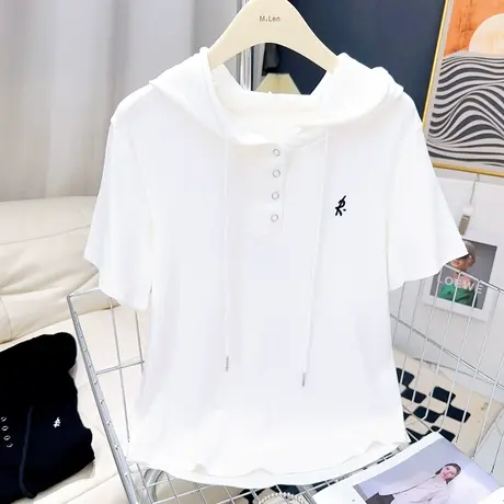 小个子正肩短袖上衣女夏季韩版ins纯欲风连帽短款纯棉T恤白色修身商品大图