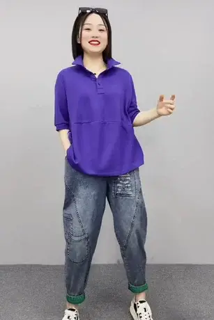 短袖套装女夏季2023新款潮刺绣宽松T恤衫高腰牛仔哈伦裤两件套装商品大图