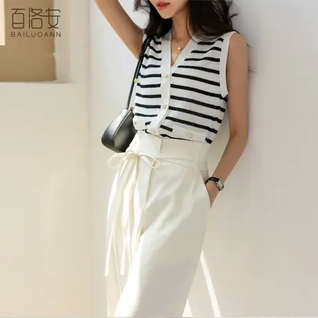 百洛安黑白条纹无袖针织衫女上衣2024夏新款百搭薄款V领马甲背心图片