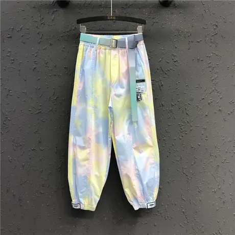 薄款个性扎染九分休闲裤女2024夏季新款松紧腰高腰宽松束脚哈伦裤图片