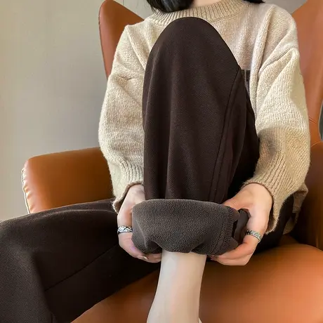 咖啡色加绒加厚运动裤女秋冬新款宽松高腰显瘦束脚小个子休闲卫裤商品大图