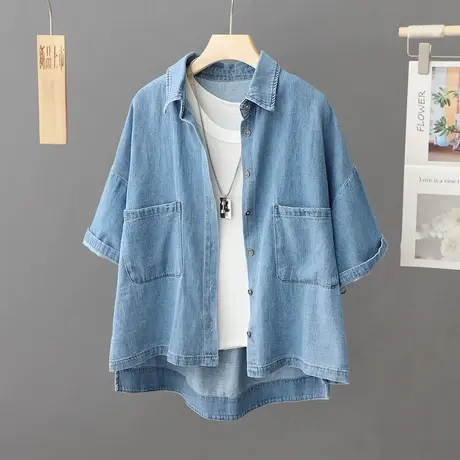 休闲牛仔短袖衬衫女夏季设计感小众韩版复古上衣少年感衬衣薄外套图片