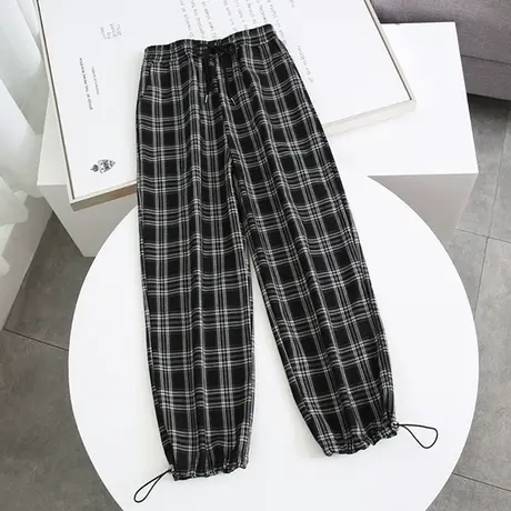 黑白格子哈伦裤女春秋宽松高腰抽绳阔腿垂感九分直筒束脚休闲裤子图片