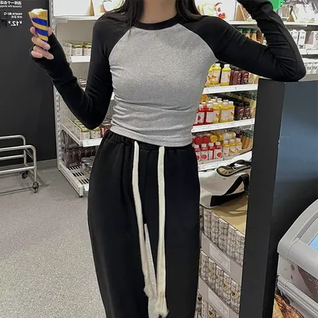 设计感小众拼色长袖T恤女春秋内搭短款打底衫辣妹高腰紧身上衣服商品大图