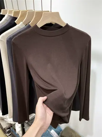 欧货螺纹半高领长袖t恤女2022新款早秋修身洋气内搭打底小衫上衣商品大图