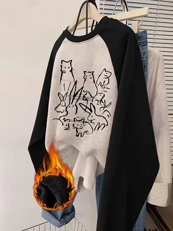 vintage卡通设计感小众圆领卫衣女秋冬新款撞色显瘦潮ins长袖上衣图片