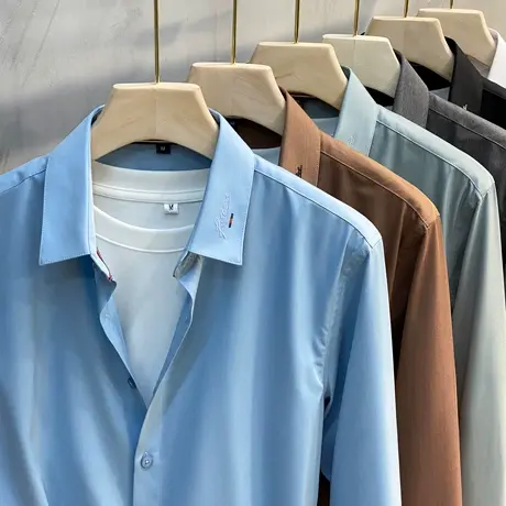 免烫抗皱长袖衬衫男2023年春秋韩版刺绣英伦休闲衬衣高级感修身潮商品大图