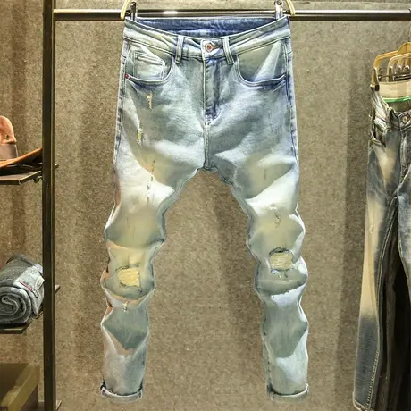 高街破洞刮烂牛仔裤男款潮男穿搭修身小脚裤夏季复古怀旧休闲长裤商品大图