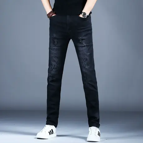 黑色加绒加厚牛仔裤男2023新款男士印花潮流裤子美式高街小脚修身商品大图