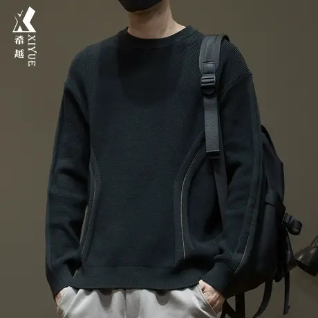 不规则拼接高弹12针毛衣男冬季美式宽松大码男士圆领毛衫针织外套商品大图