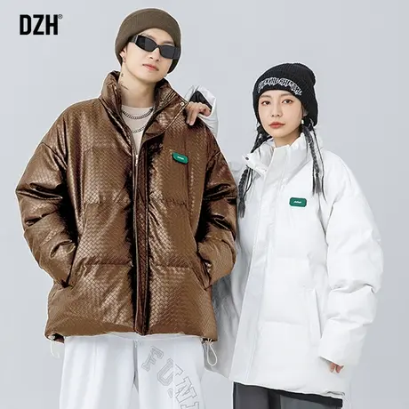 情侣外套冬季PU皮棉服男编织格纹棉衣外套日系立领棉袄2023年新款商品大图