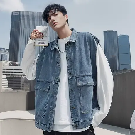 大码牛仔马甲男生春秋宽松休闲背心秋季坎肩加肥加大外套潮胖上衣商品大图